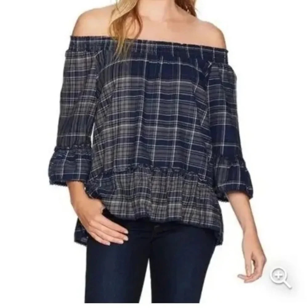 democracy plaid off-the-shoulder blouse size small